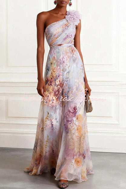 Verne Chiffon 3D Floral One Shoulder Pleated Sleeveless A-Line Gown Maxi Dress