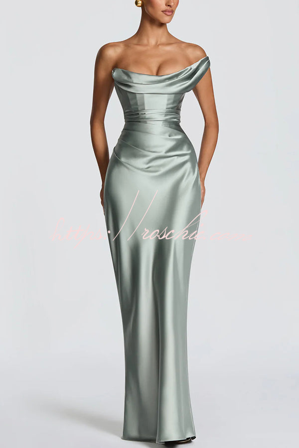Thalassa Satin One Shoulder Scooped Neck Bias Cut Pleated Maxi Dress