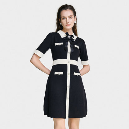 Black Contrast Trim Bow Brooch Knit Dress