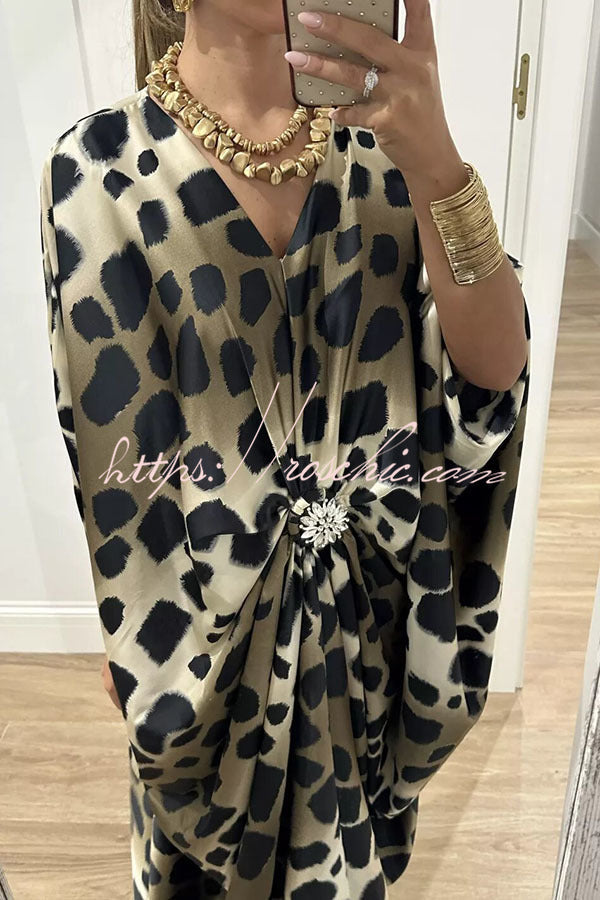 Airy Satin Unique Print V-neck Gemstone Embellished Drape Robe Maxi Dress