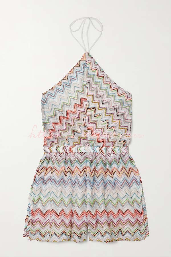 Juney Knit Colorful Zigzag Pattern Halter Neck Slit Wide Leg Loose Romper