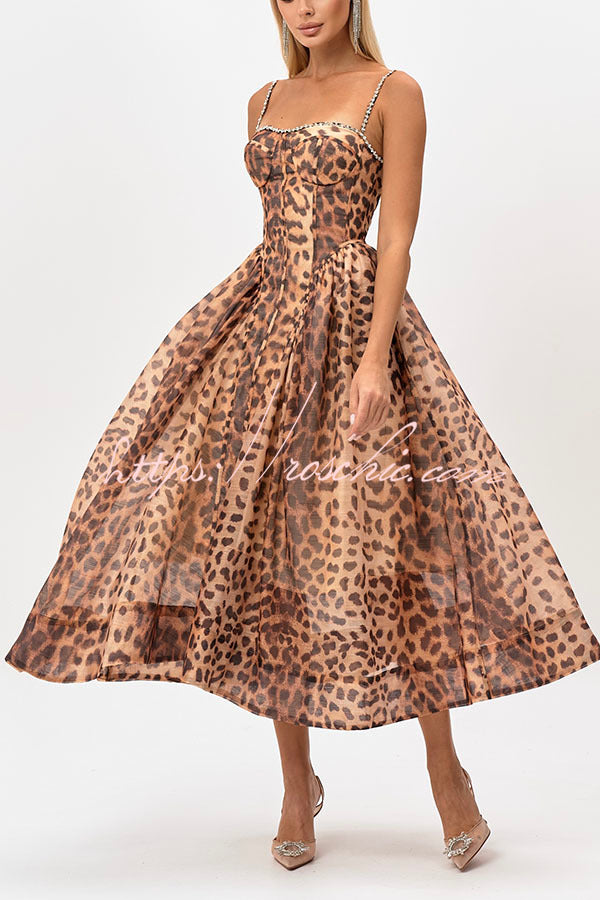 Jessika Leopard Print Rhinestone Trim Back Smocked Pocket Slip Midi Dress
