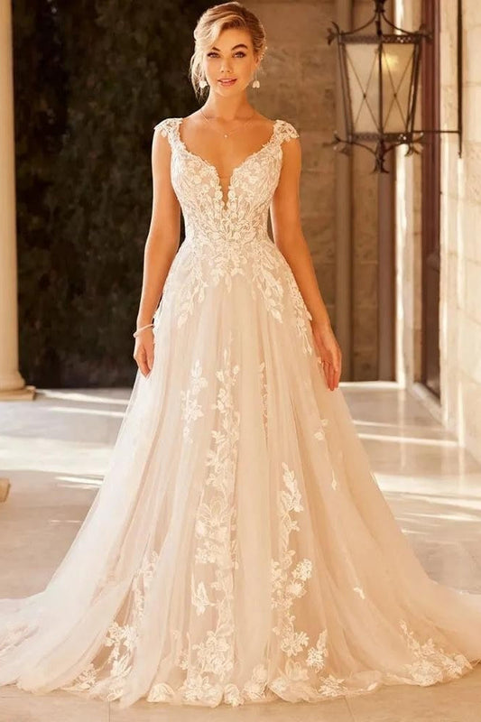 Sheer Mesh Lace Fit Flare Wedding Dress