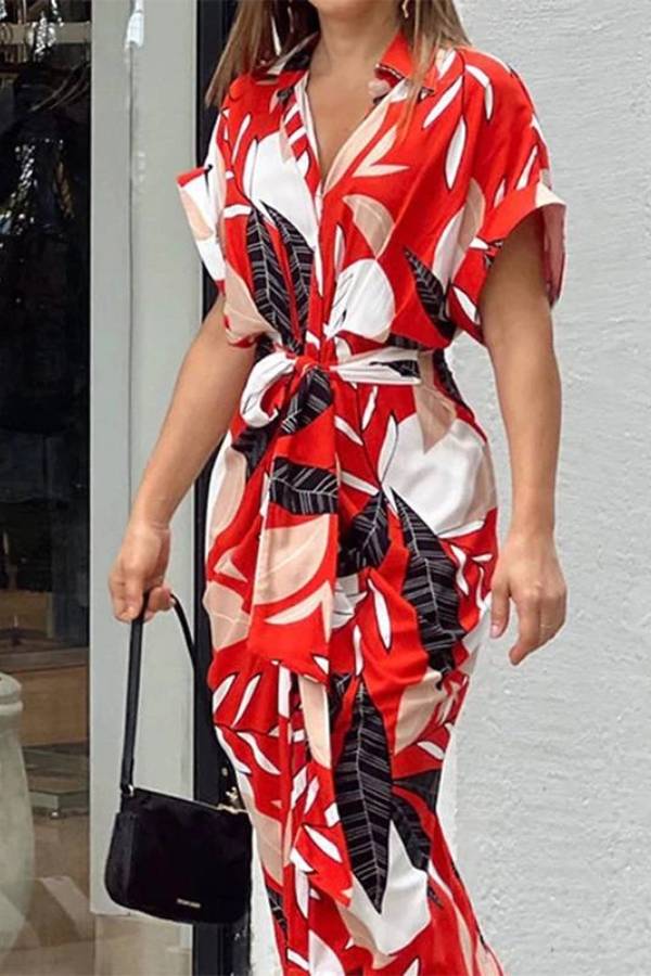 V-Neck Pleated Belt Short Sleeve Dress