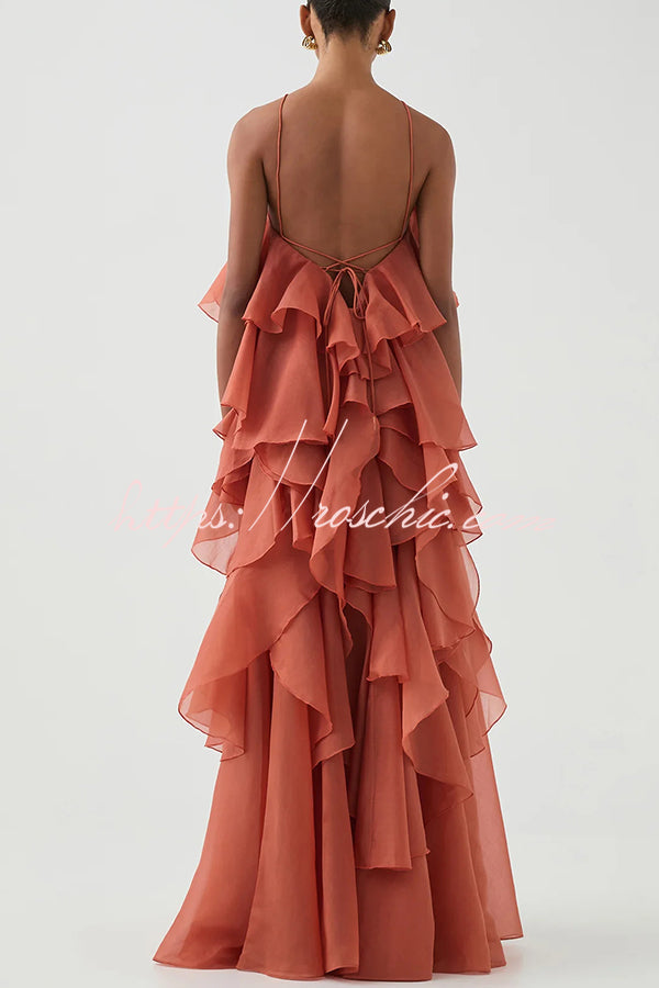 Free - Flowing Rose Detail Tiered Ruffles Halter A-line Maxi Dress