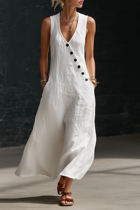 Linen Blend Solid Color V-neck Sleeveless Button-down Casual Pocket Midi Dress