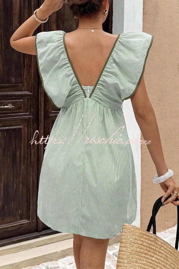 Striped Print Loose V-neck Tie Bow Casual Mini Dress