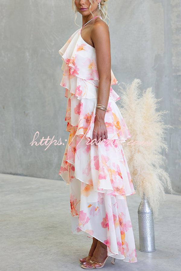 Poetic Eden Chiffon Floral Print Tiered Ruffles Halter A-line Maxi Dress