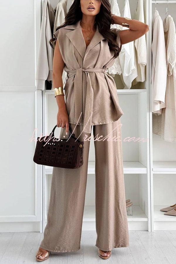 Darla Linen Blend Sleeveless Tie-up Lapel Top and Elastic Waist Wide Leg Pants Set