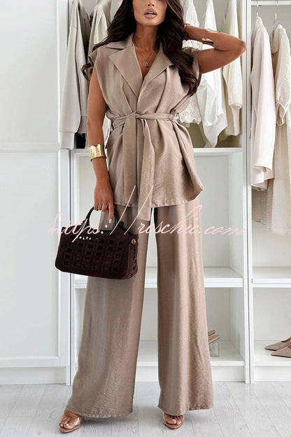 Darla Linen Blend Sleeveless Tie-up Lapel Top and Elastic Waist Wide Leg Pants Set