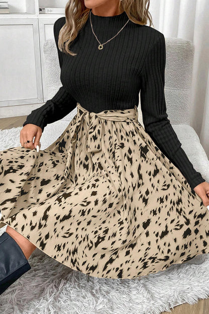 Black Ribbed Knit Patchwork Printed Belted A - line Dress