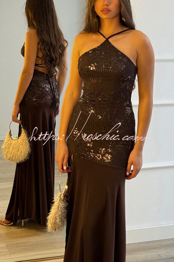 Fashionable Sequined Halter Neck Elegant Slim-fit Slit Maxi Dress