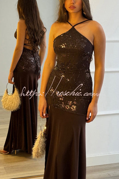 Fashionable Sequined Halter Neck Elegant Slim-fit Slit Maxi Dress