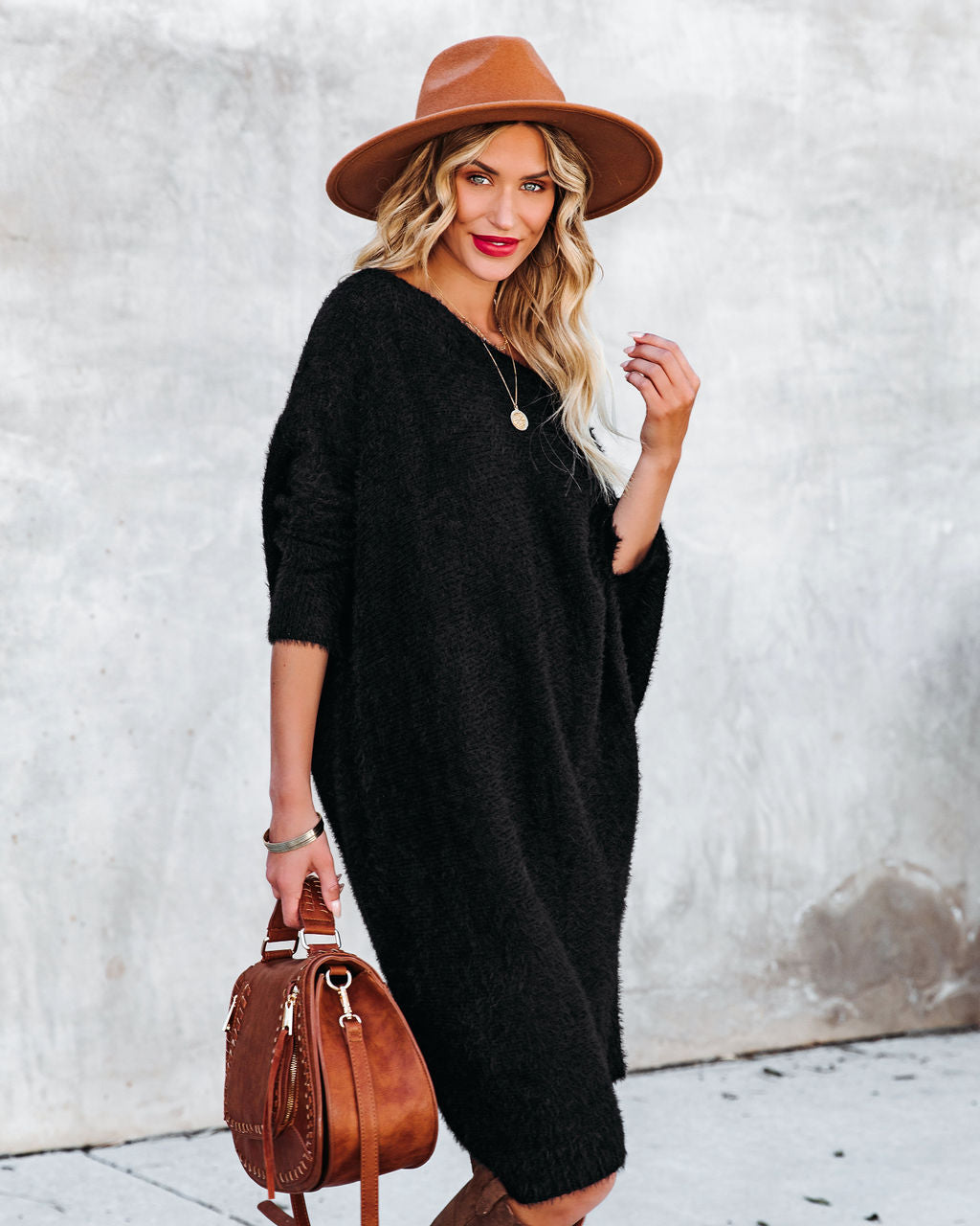 Cecelia Asymmetrical Knit Sweater Dress Black FINAL