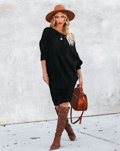 Cecelia Asymmetrical Knit Sweater Dress Black FINAL