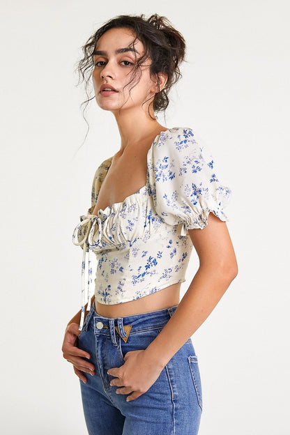 Ivory Floral Print Square Neck Cropped Blouse