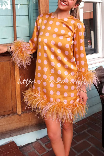 Playful and Cute Satin Polka Dot Print Half Sleeve Feather Trim H-line Mini Dress