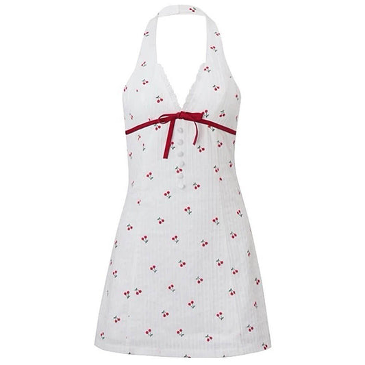 French Summer Cherry Halter Dress