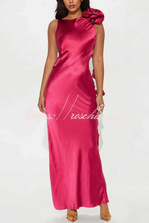 Satin Floral Embellishment Backless Elegant Slim-fit Maxi Dress