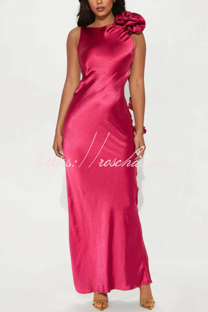 Satin Floral Embellishment Backless Elegant Slim-fit Maxi Dress