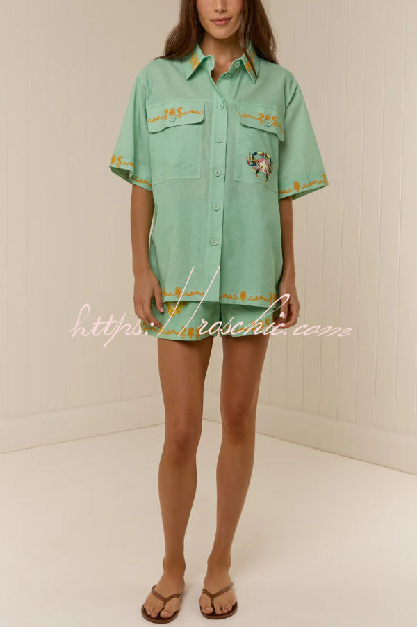 Linen Blend Loose-fitting Short-sleeved Button-down Shirt and Casual Pocket Shorts Set