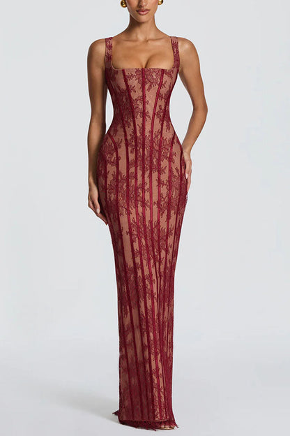 Polina Floral Lace Contrast Structural Detail Square Neck Back Lace-up Slit Maxi Dress