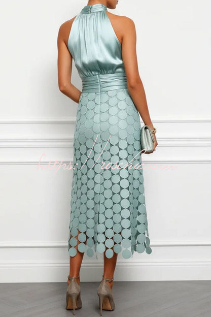 Janice Satin Ruched Halter Neck Sleeveless Embroidered Polka Dot Hem Midi Dress(Buy 2 Get Free Shipping)