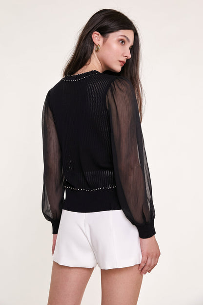 Black Sheer Long Sleeve Pointelle-Knit Cardigan With Gold Buttons