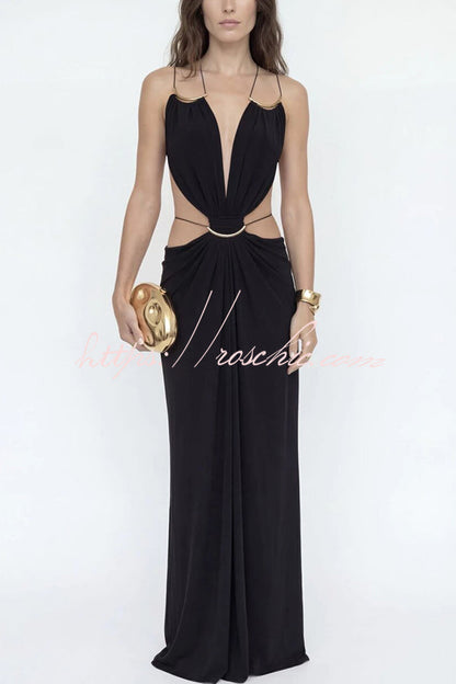Athena Metal-Link Cutout Design Back Lace-up Drape Maxi Dress