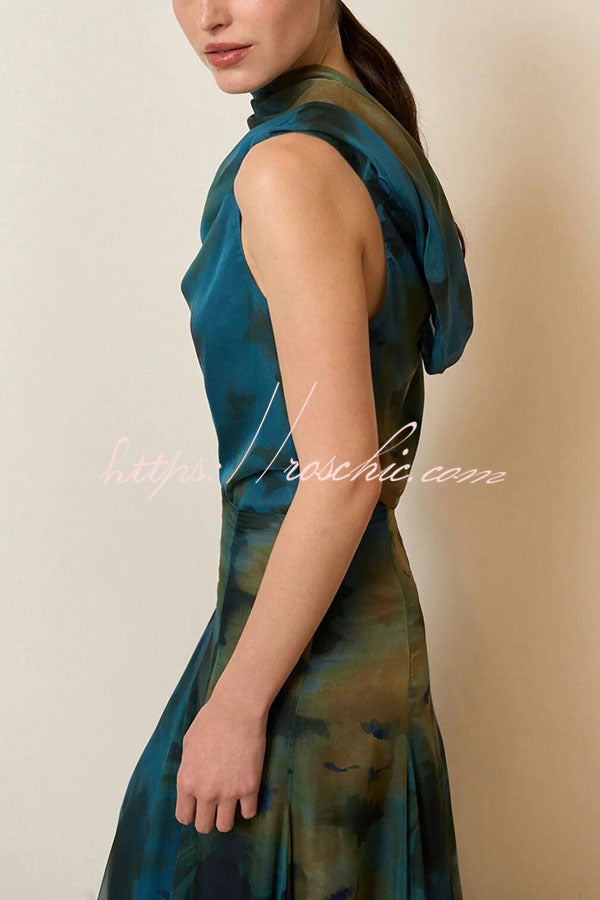 Ione Chiffon Ombr¨¦ Print Cowl Neck Top and High Rise Maxi Skirt Set with Scarf