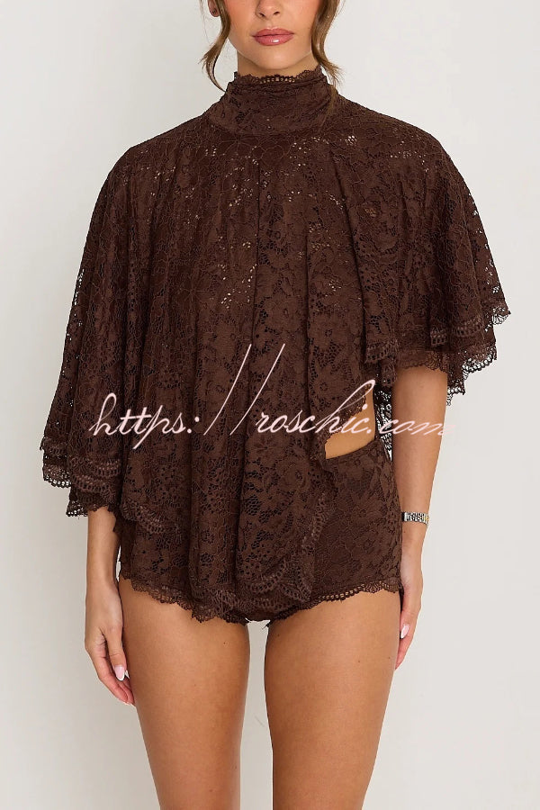 Stylish Openwork Lace Loose Top and Side Zipper Slim-fit Shorts Set
