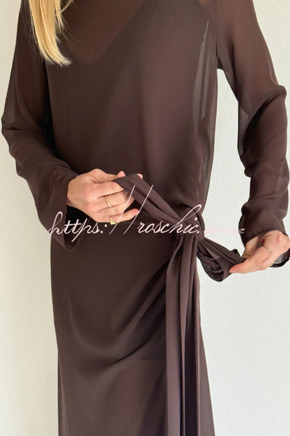 Fashionable Mesh See-through Round Neck Long Sleeve Tie Bow Slit Maxi Dress