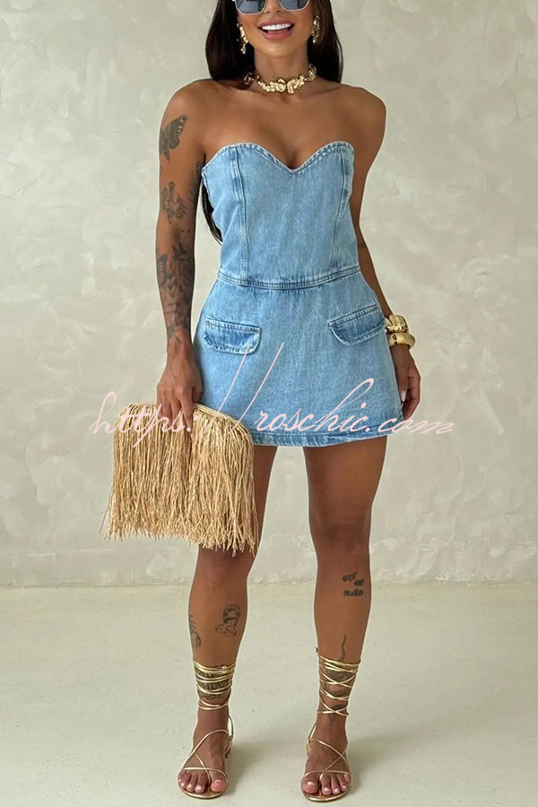 Avantie Denim Off Shoulder Back Smocked Zipper Romper
