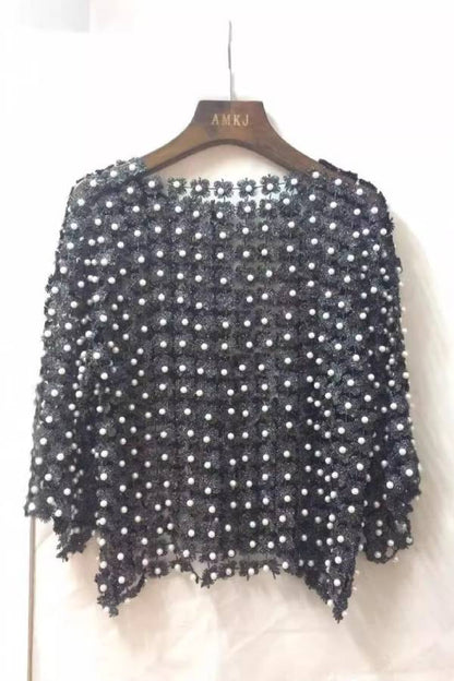 Three-Dimensional Floral Beaded Openwork Blouse