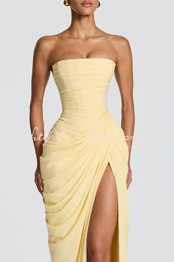 Cyra Back Lace-up Asymmetrical Pleats Strapless Slit Maxi Dress(Buy 2 Get Free Shipping)