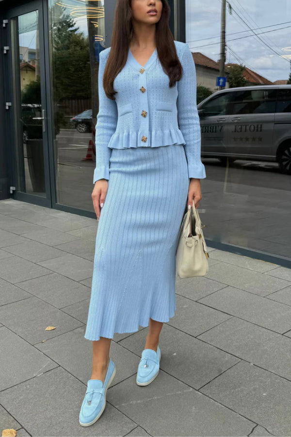 Ruffled Jacket & Flared Skirt Knit Matching Set