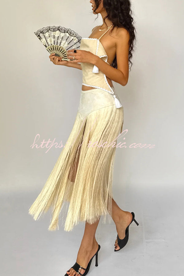 Fashionable Lace Appliqu¨¦ Tassel Hem Vacation Maxi Skirt
