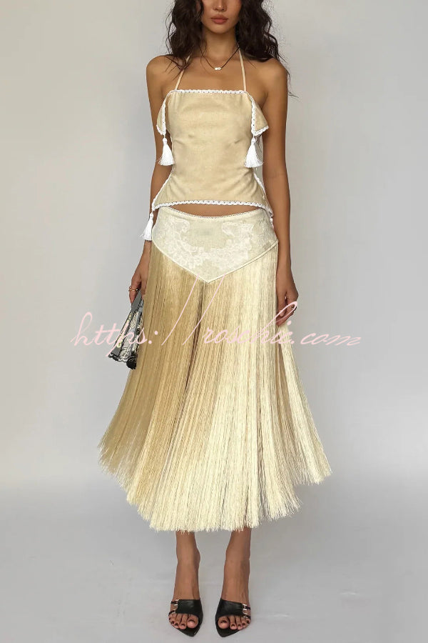 Fashionable Lace Appliqu¨¦ Tassel Hem Vacation Maxi Skirt
