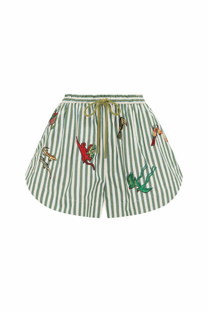 Linen Blend Striped Print Short-sleeved Loose-fitting Shirt and Elastic Waist Drawstring Pocket Casual Shorts Set