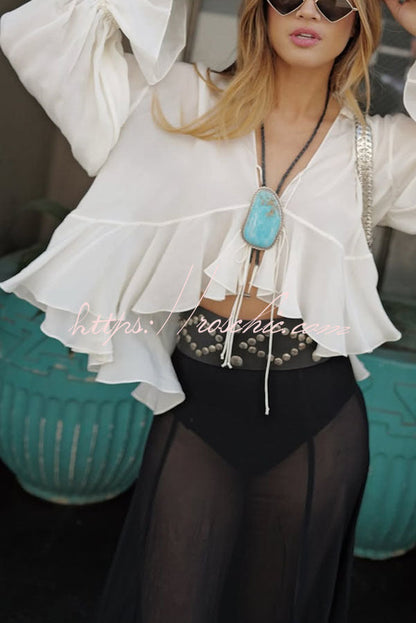 Boho Forever Chiffon Ruffles Balloon Sleeve Tie-up Blouse