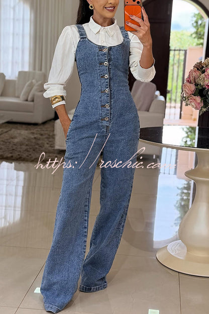 Heidi Denim Square Neck Button Back Smocked Pocket Flare Stretch Jumpsuit