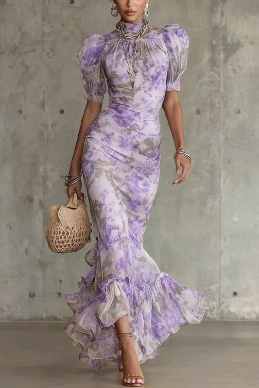 Unique Print Stand Collar Puff Sleeve Slim Fit Ruffle Maxi Dress