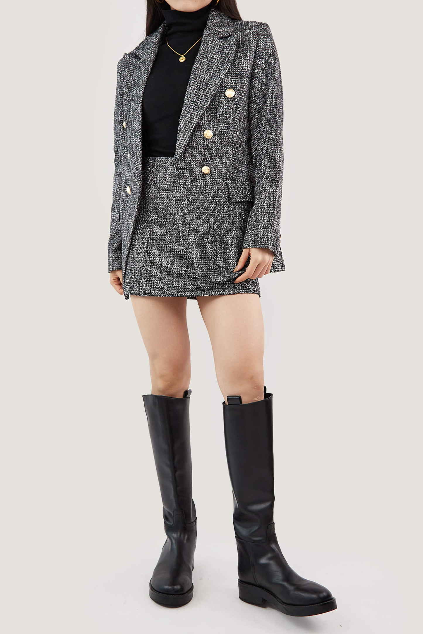 Black Lapel Collar Houndstooth Blazer