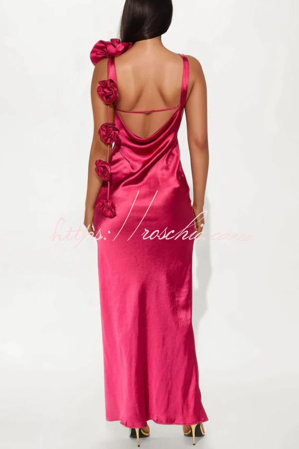 Satin Floral Embellishment Backless Elegant Slim-fit Maxi Dress