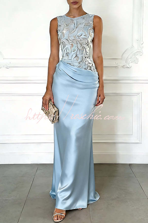 Vera Mesh Embroidery Satin Ruched Crew Neck Sleeveless Gown Maxi Dress