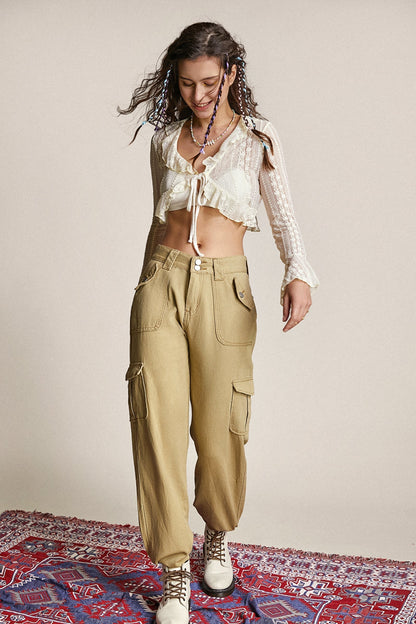 Ivory Lace Ruffled Tie Front Bell Sleeve Copped Blouse