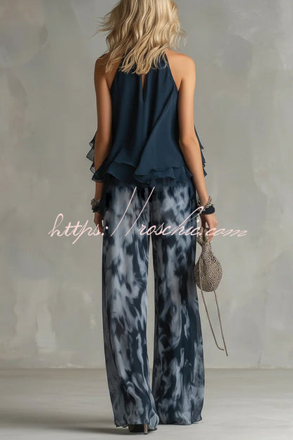 Navy Blue Camisole and Printed Wide-leg Chiffon Suit