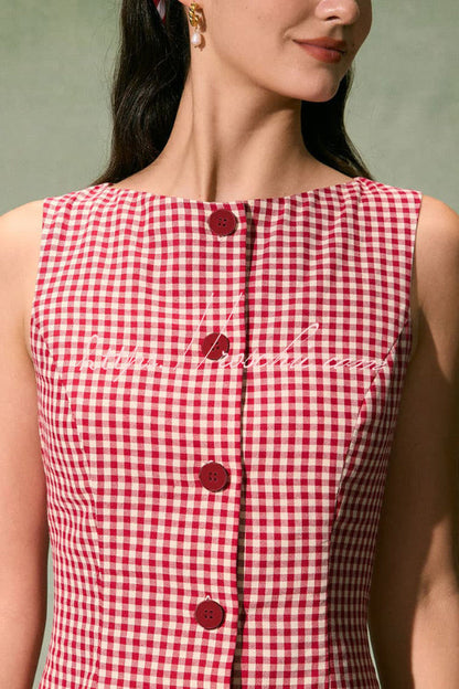 Retro Plaid Print Sleeveless Round Neck Button Casual Mini Dress