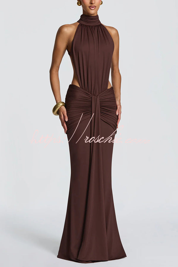 Thekla Stretch Slinky Jersey High Neck Ruched Backless Drape Maxi Dress