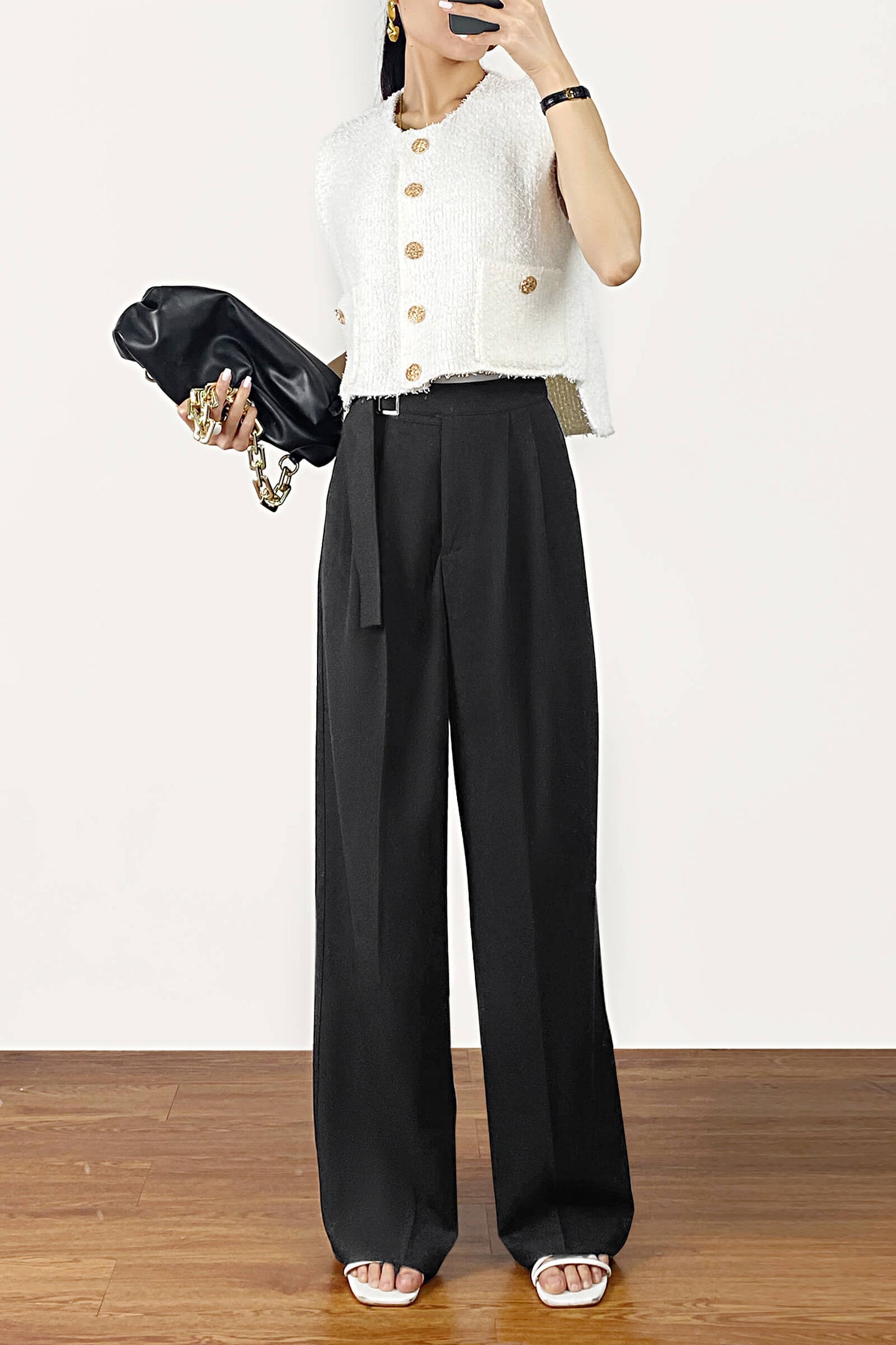 Black Buckle Strap Detail Pleated Front Wide Leg Pants